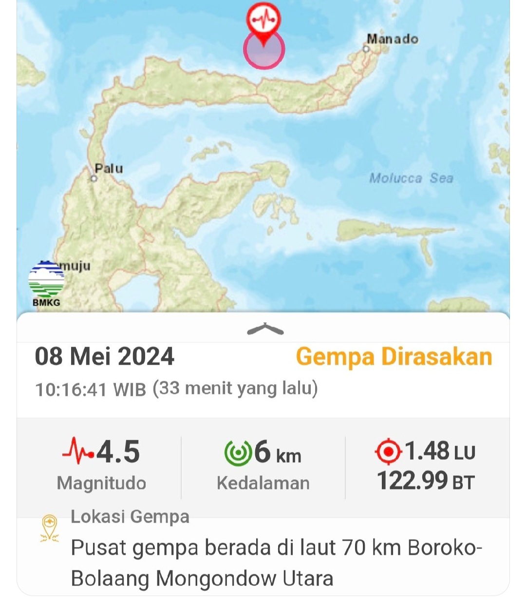 Gempa Bumi Terjadi pada 24 September 2024 diSulawesi Utara dengan Pusat Gempa di Baratdaya Gorontalo