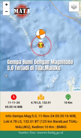 Gempa Bumi Dengan Magnitudo 5,0 Terjadi di Tual,Maluku