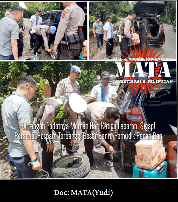 Di Tengah Padatnya Momen Hari Ketiga Lebaran, Sigap! Personel Pospam Terbanggi Besar Bantu Pemudik Pecah Ban